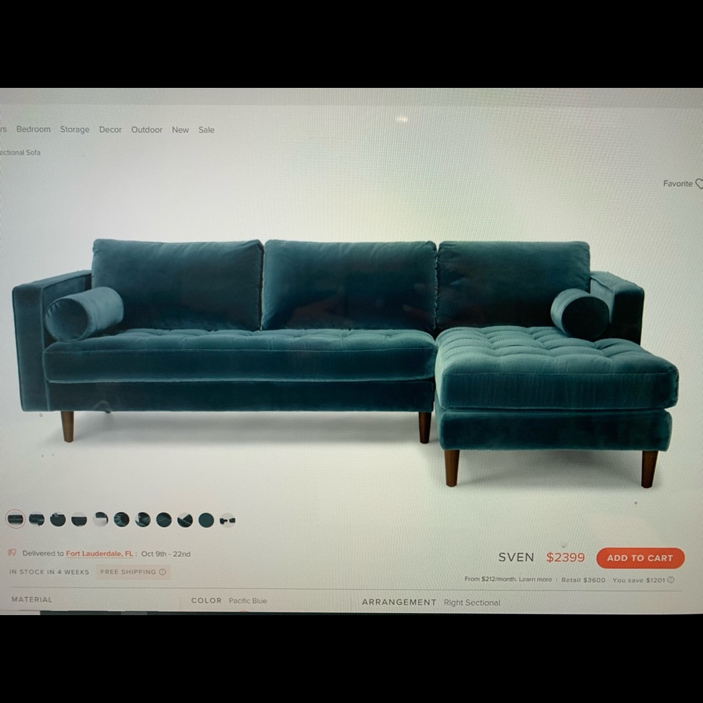 Article Brand Gray velvet sectional sofa.